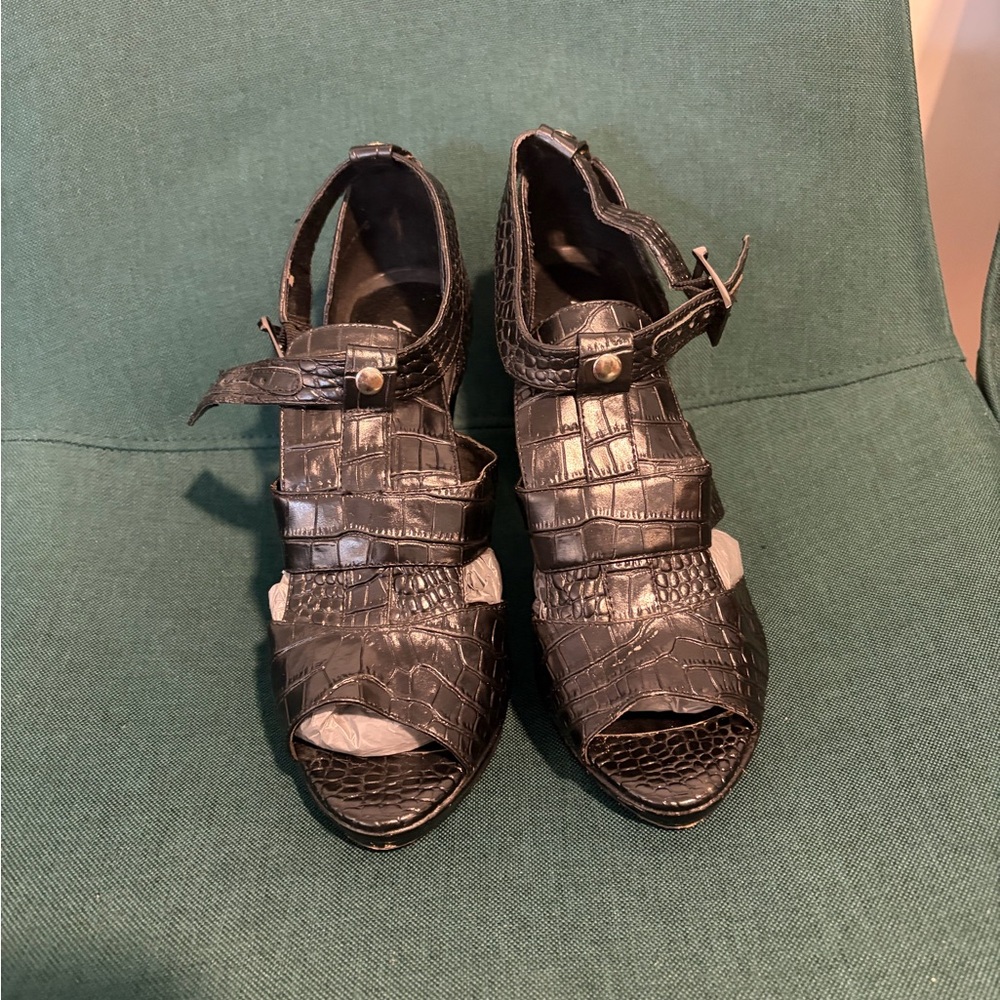 Aldo Black Croc-Embossed Peep-Toe Heeled Sandals